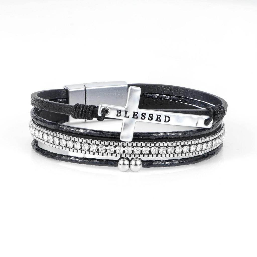 Bohemian Multi-Layer Leather Bracelet with Pave Diamonds