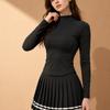 Womens Tennis Sport Set Long Sleeve Zipper Collar Skirted Outfit Striped Pleated Gym Workout Suit