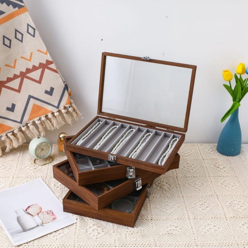 Chic Wood Earring Holder with Lid Wood Jewelry Collection Box with Partitions and Lid Elegant Presentation Tray