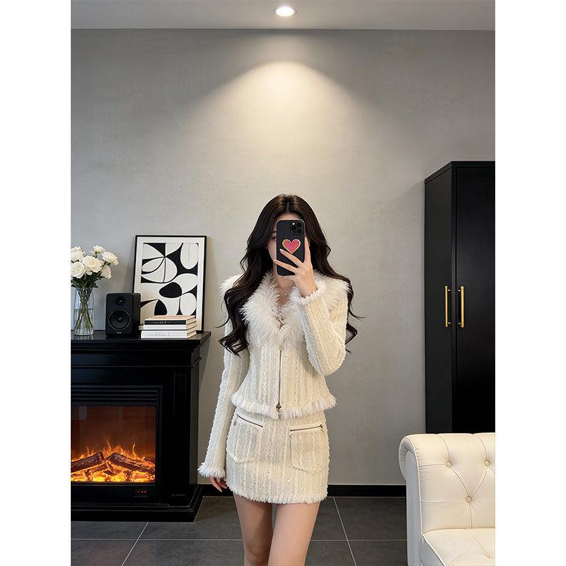 French Xiaoxiangfeng fur collar long-sleeved zipper jacket skirt set 1116 Qianjin style high-end two-piece set