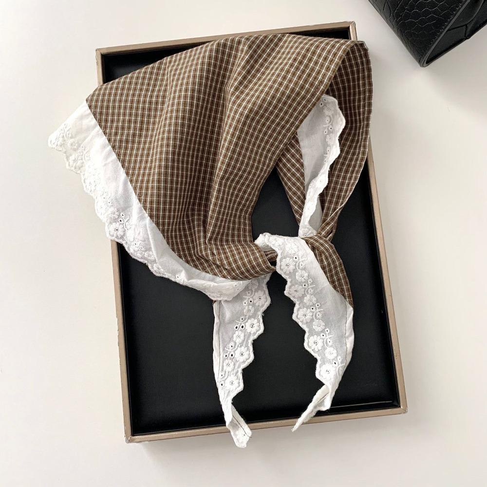 Fashion Lace Padded Headscarf Plaid Design Linen Fabric Triangle Scarf Cotton Material Layering Scarf Summer коричневый