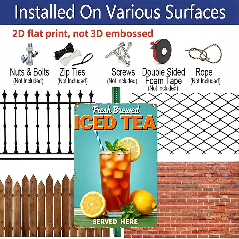 2D Flat, 1pc "Fresh Brewed Iced Tea Served Here" Aluminum Sign - Retro Drink Wall Decor Kitchen Decor, Cafe, Diner, Patio, Summer Porch, Bar