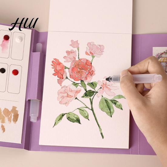 Travel Watercolor Painting Kit Portable Gouache Book Tri-Fold Design Pad Set with Art Creation 12 Color Grids Ergonomic Brush Stress Relief All-in-one