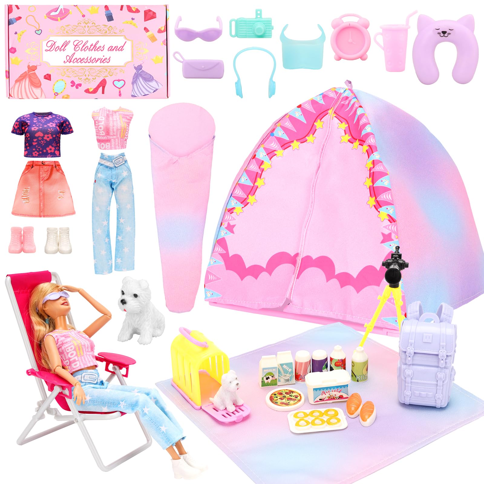 

Кемпинг для 30-сантиметровой куклы, набор для кемпинга, 2 предмета одежды, набор продуктов, набор предметов первой необходимости, телескоп, палатка, коврик, спальный мешок, стойка для палатки, собака, клетка для собаки, рюкзак, стул, 2