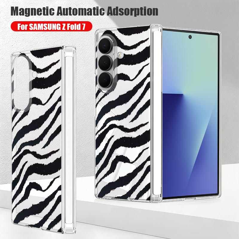 Magnetic Adsorption Phone Case For Samsung Galaxy Z Fold 7 6 5 Fold7 Fold6 Fold5 5G Shockproof Leopard Print Clear Hard Cover