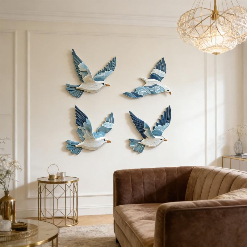Wood Pigeons Wall Decors Wooden Wall Decors Beach Coastal Theme Wall Art Flying Bird Wall Sculpture for Home Bathroom