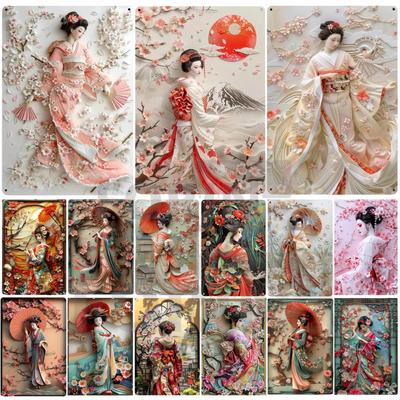 Japanese Geisha Kimono Metal Sign,2D Elegant Japan Cherry Blossoms Art Poster,Home,Room,Office,Izakaya,cafe,Studio Wall Decor