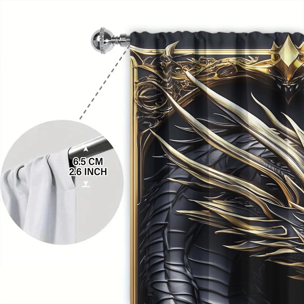 2 Peças Cortina Impressa Dragão Negro Dominador 3D para Decoração de Casa - Tratamento de Janela com Bainha para Vara para Quarto, Escritório, Cozinha