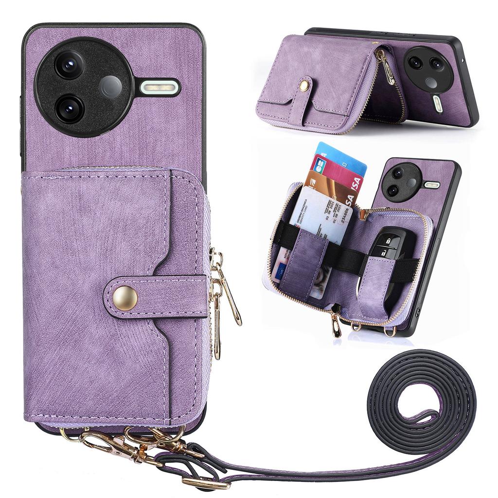 For Xiaomi Poco F7 Pro 5G/Xiaomi Redmi K80 5G PU Leather Phone Back Cover with Zipper Card Holder and Long Strap