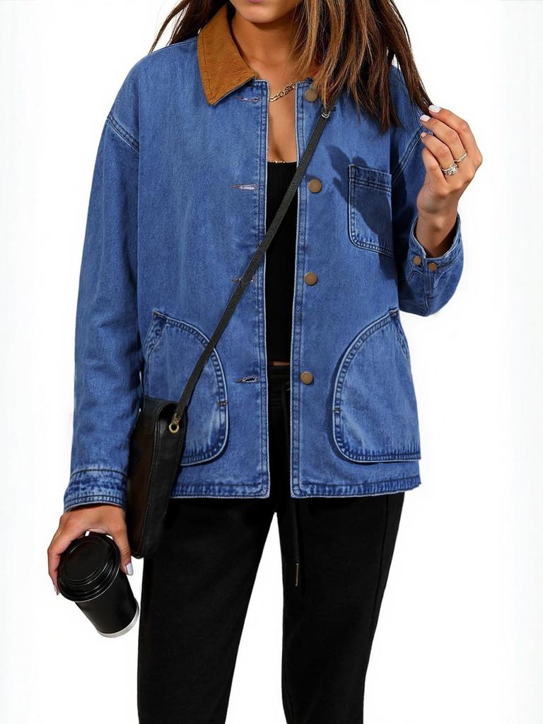 Women's Patchwork Denim Jacket with Pockets for Spring and Autumn