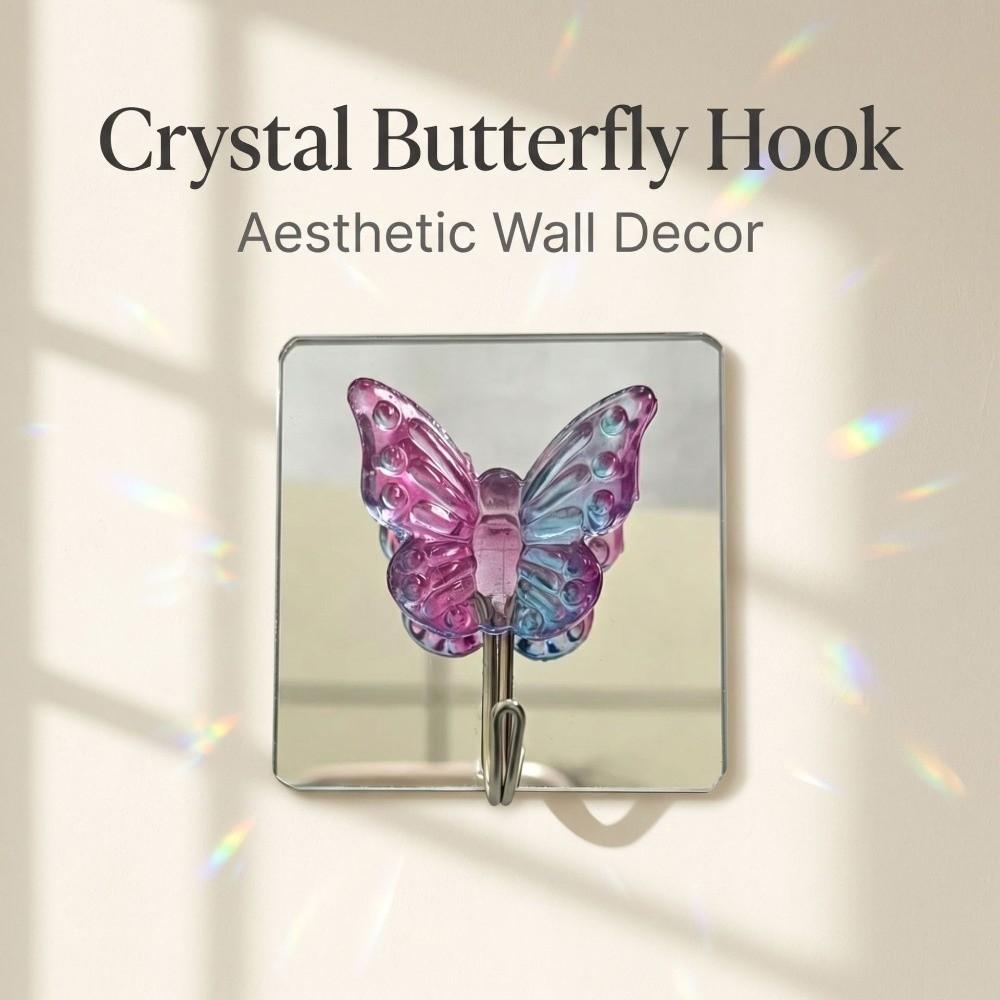 2PCS Stylish Self Adhesive Crystal Glass Butterfly Hooks Decorative with Mirror Wall Hooks Waterproof Bathroom Hook Bathroom