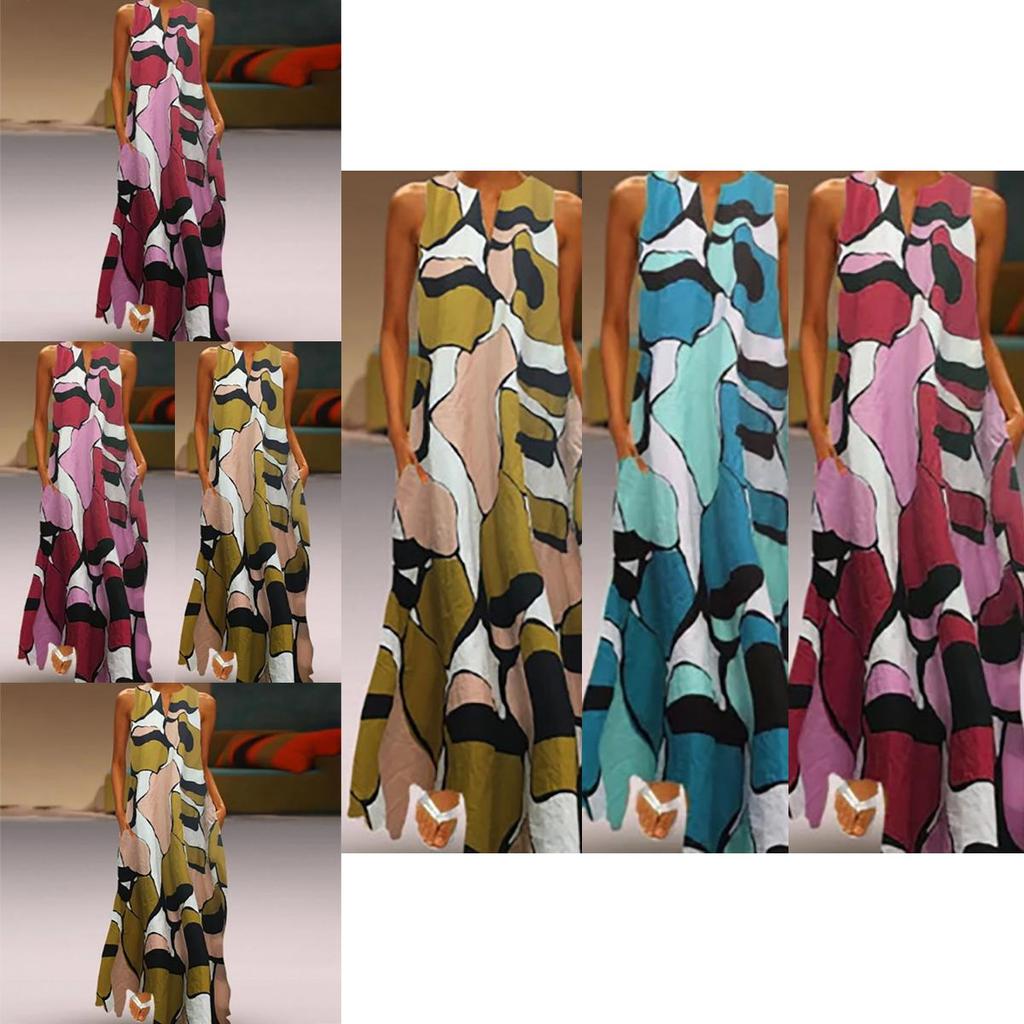 Elegant Women Long Maxi Dress Floral Print Split Hem Sleeveless Shirt Dress Plus Size For Every Occasion