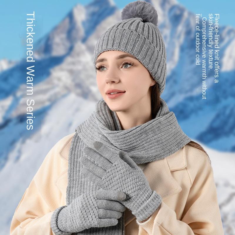 Palm Leather Striped Knit 3-Piece Set Solid Color Winter Warm Fleece Hat Scarf Gloves Women