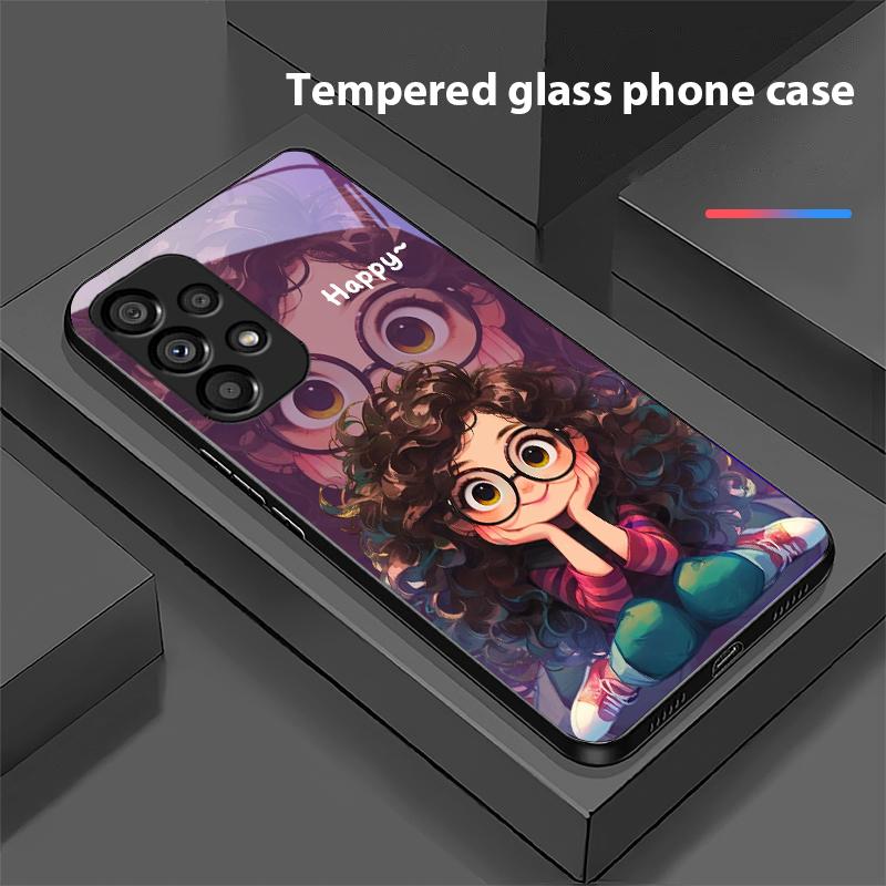 Mädchen mit lockigen Haaren für Samsung Galaxy S10 20 Plus 21 FE 22 23 24 FE 25 Ultra Schwarz Hartschale Handyhülle aus gehärtetem Glas