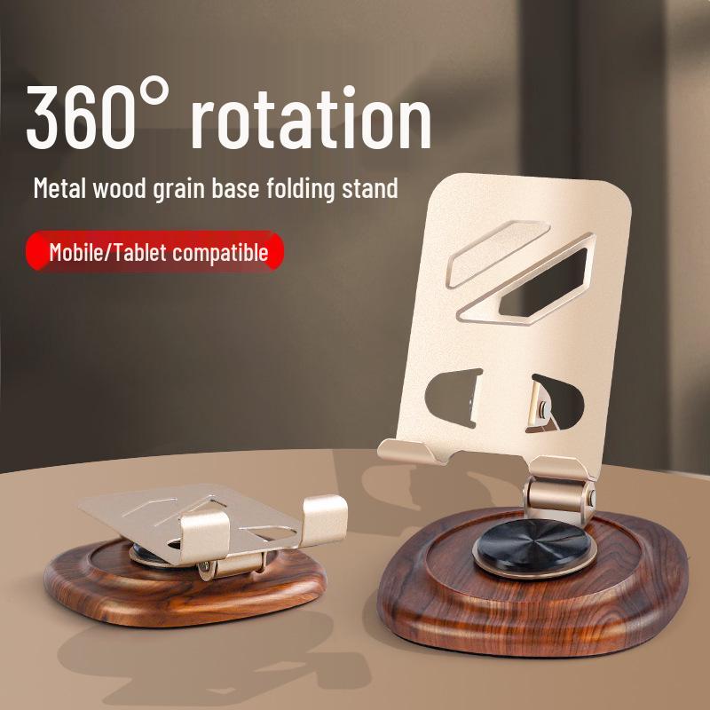 Rotating Foldable Desktop Phone Holder with Metal Stand and Walnut Base