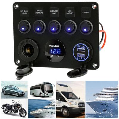 Car Boat 5 Gang Switch Panel USB Charger 12V Inline Socket LED Voltage