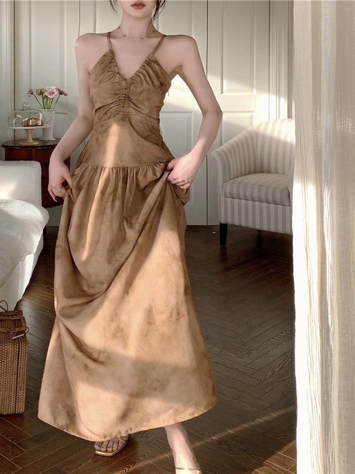 Beach skirt texture coffee break French Hepburn style seaside vacation neck dress women's summer new beach dress