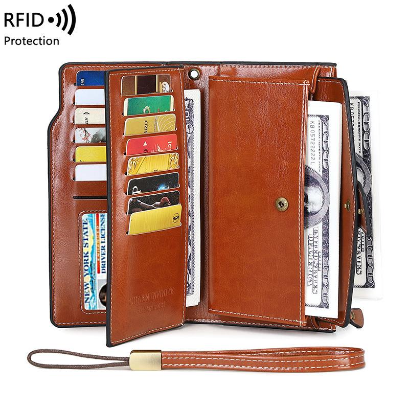 Women PU Leather Long Wallets RFID Antitheft Clutch Zipper Coin Pocket Oil Wax Retro Wallet High Quality Female Card Holder Coin Purse