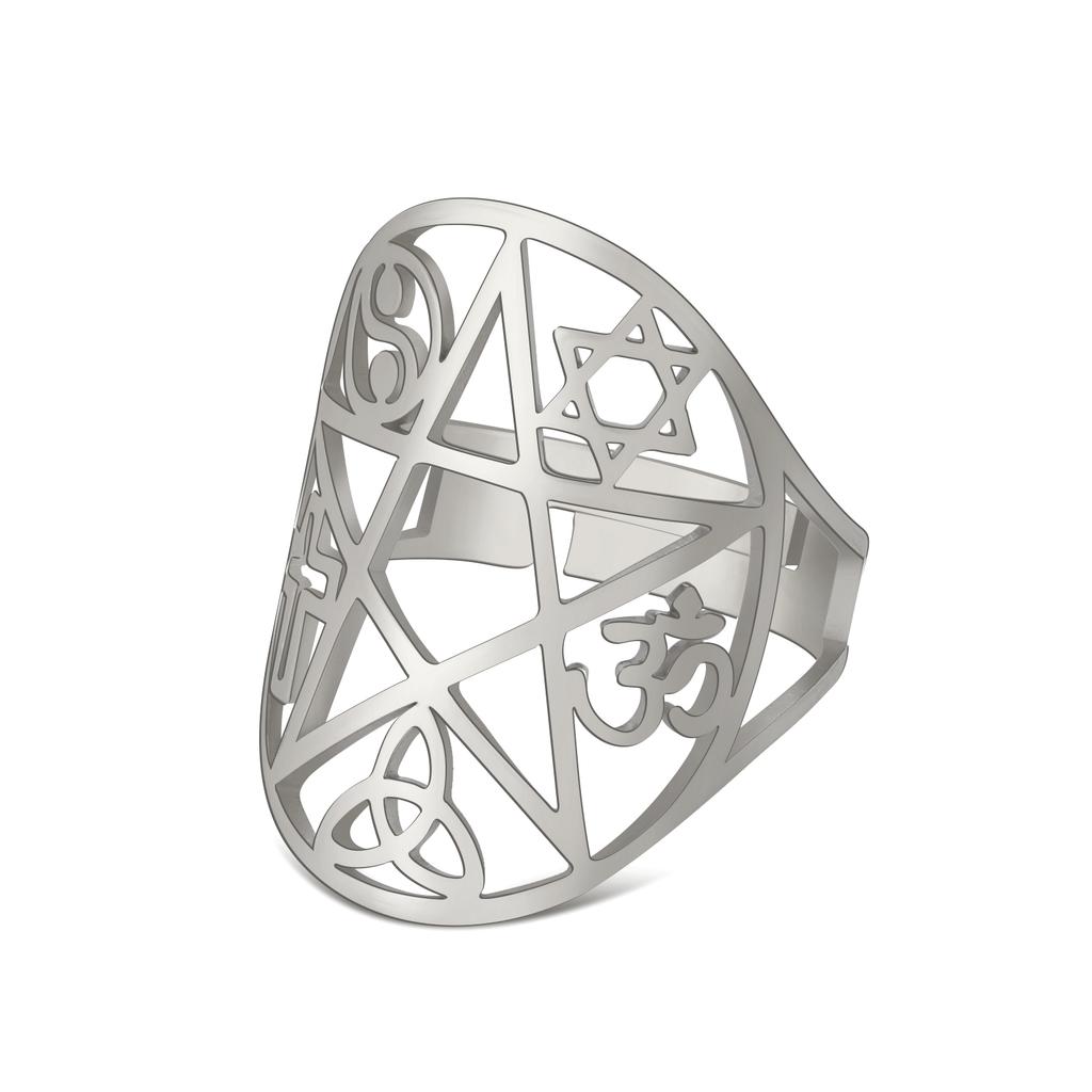 Dawapara Coexist Spiritual Symbols Adjustable Ring Good Luck Amulet Peace Unity Religious Dharma Wheel of Life Stainless Steel