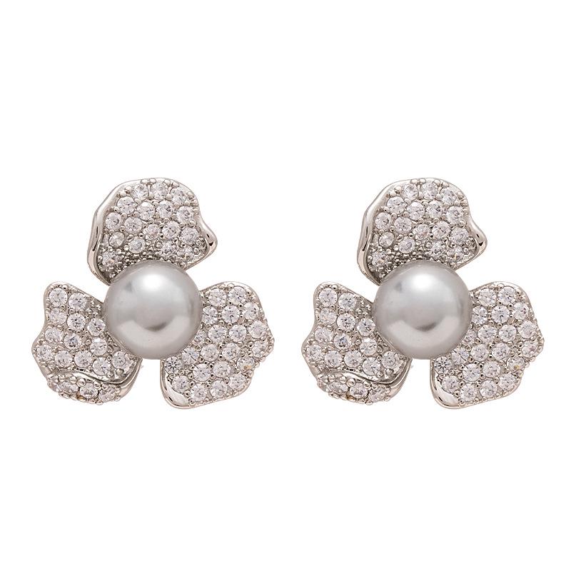 Chic Metallic Zircon Petal Pearl Earrings for Women