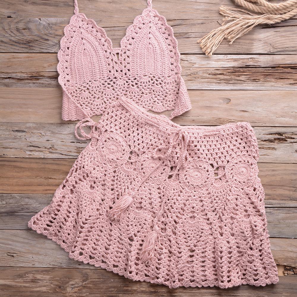 2025 Trendy European & American Hand-Crocheted Bikini Bandeau with Versatile Pleated Skirt Swimsuit