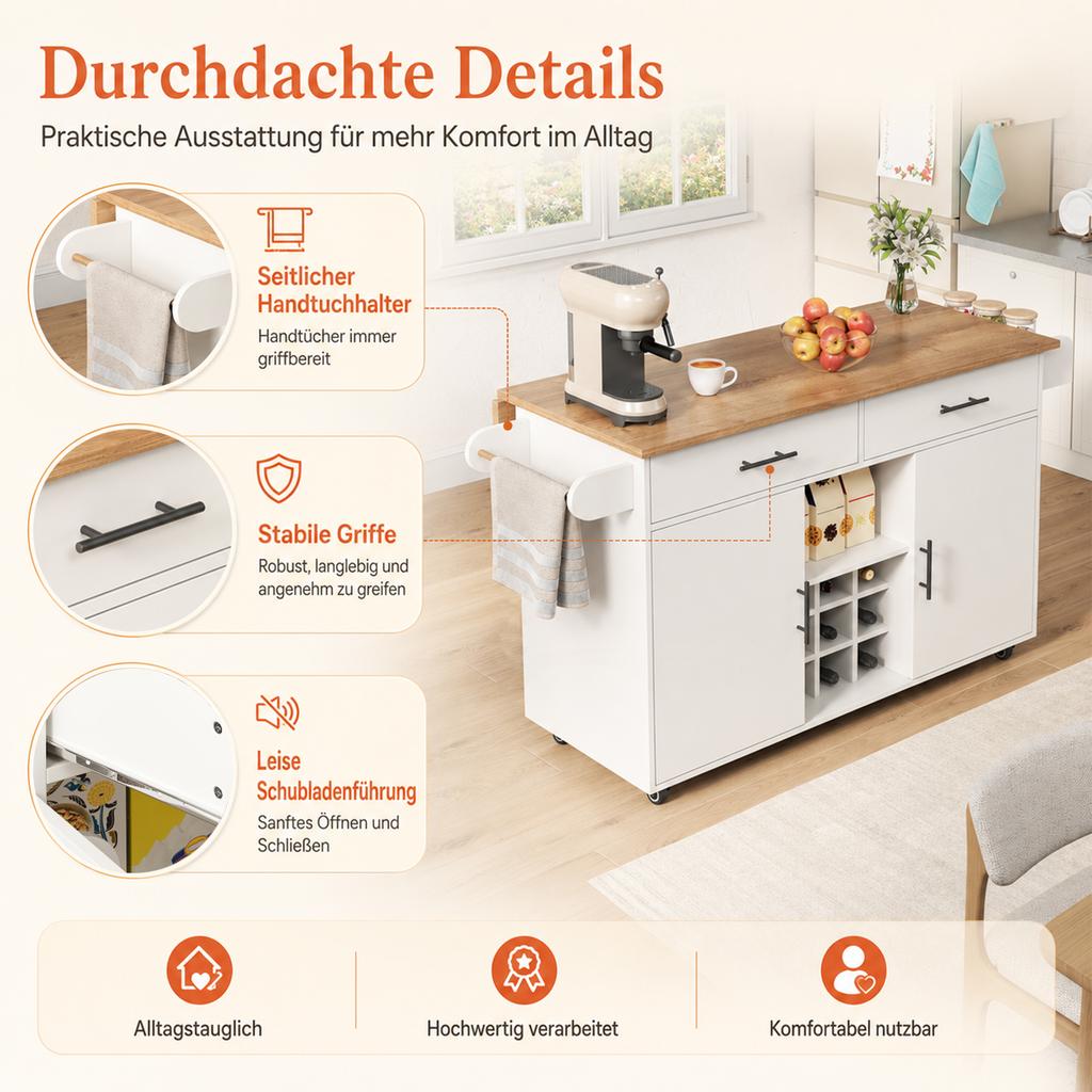 Kücheninsel mit klappbarer Arbeitsplatte, Rollwagen, 2 Schubladen, Wein- und Gewürzregal, Handtuchhalter, Platzsparendes Design für Küche & Esszimmer