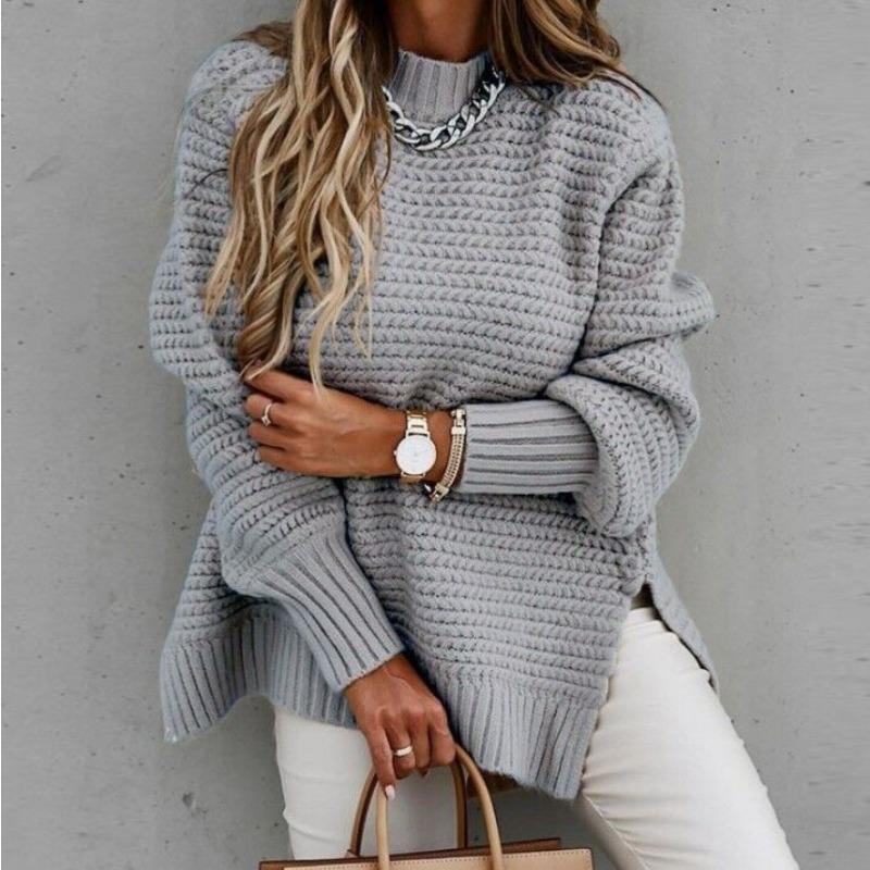 Ensfarvet lanterneermet strikket damegenser halv høy krage side splitt genser topper europeisk og amerikansk dame løse gensere