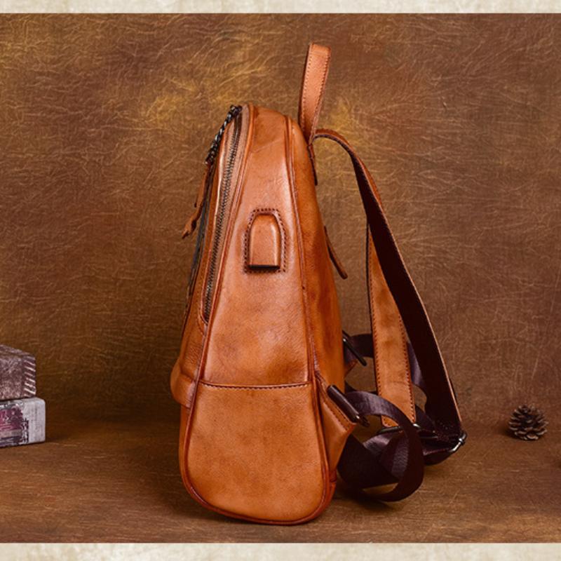 Johnature Rucsac vintage din piele naturală, lucrat manual în relief, pentru femei, pentru petrecerea timpului liber, rucsacuri de călătorie din piele naturală de vacă de mare capacitate