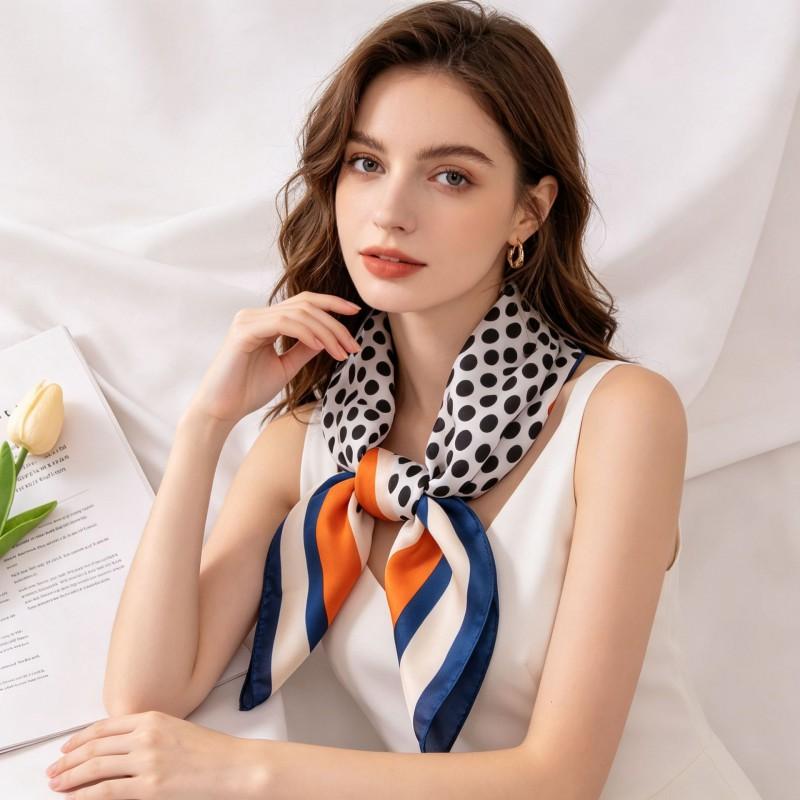 Classic French Style Polka Dot Silk-Like Square Scarf Women - Black Blue Print 70x70cm Lightweight Accessory