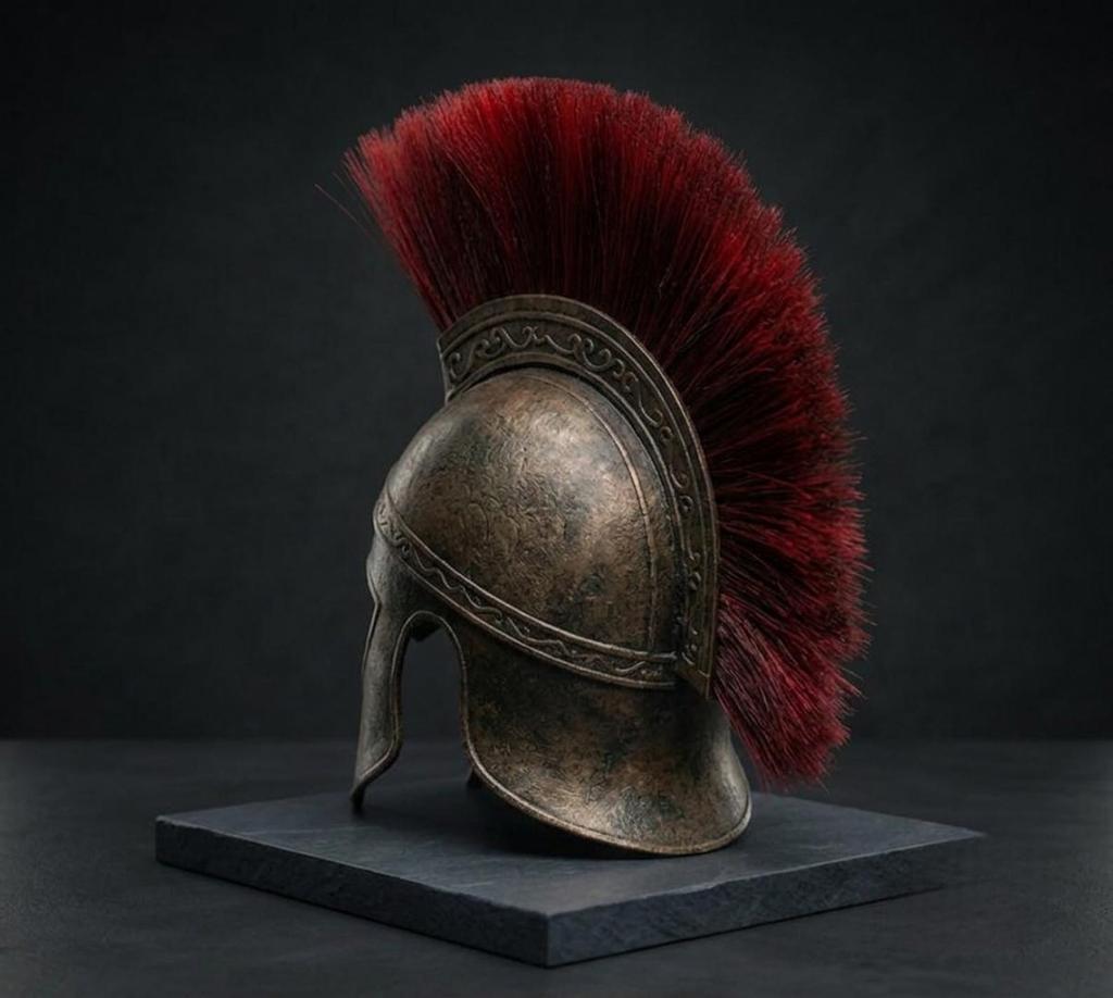 Odyssey Greek Warrior Helmet Costume – Antique Bronze Spartan Style Helmet with Red Plume for Cosplay, LARP & Historical Reenactment