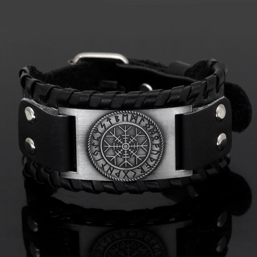 Viking Snowflake Bracelet for Men Nordic Vegvisir Compass Leather Bangle with Runes Stylish Viking Jewelry