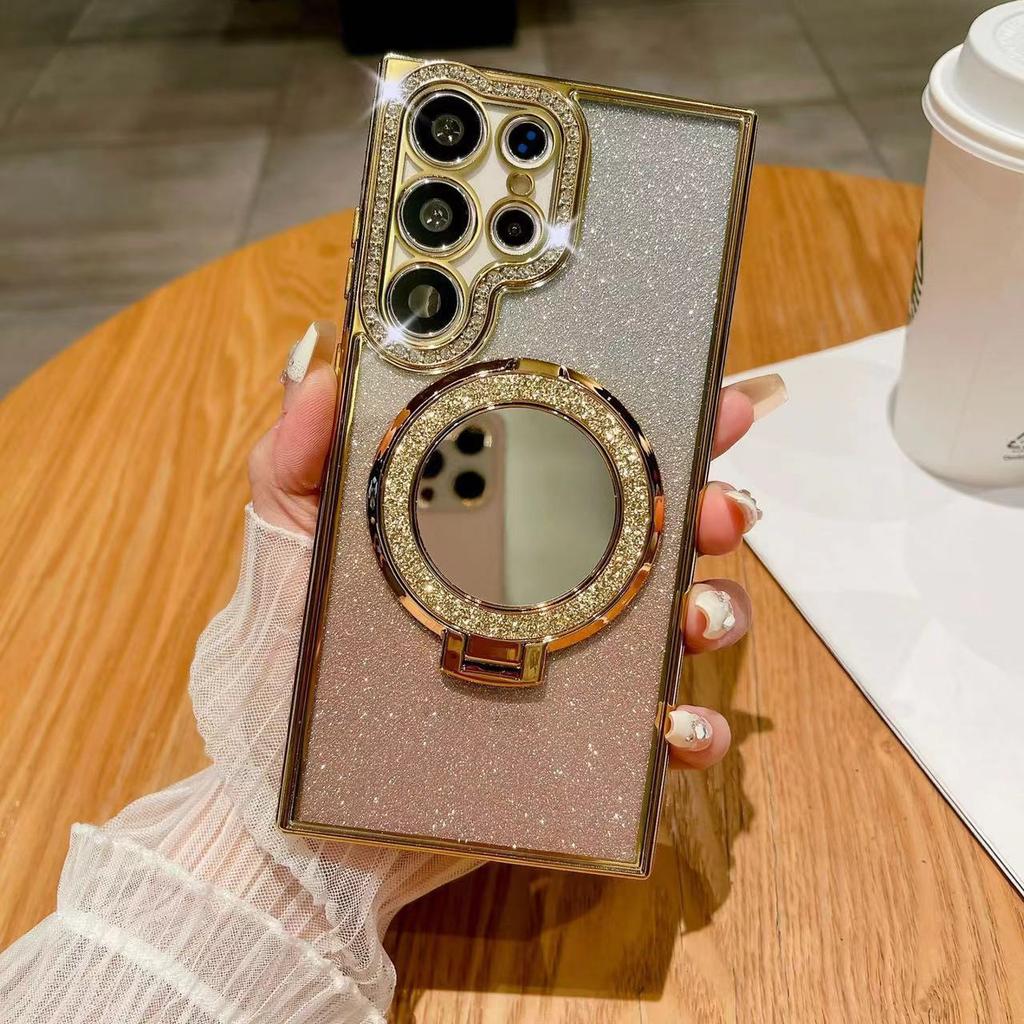 Applicable To Samsung S26ultra Mobile Phone Case Glitter Mirror Magnetic Suction Bracket S25 Electroplated Rhinestone Protective Case S23 +