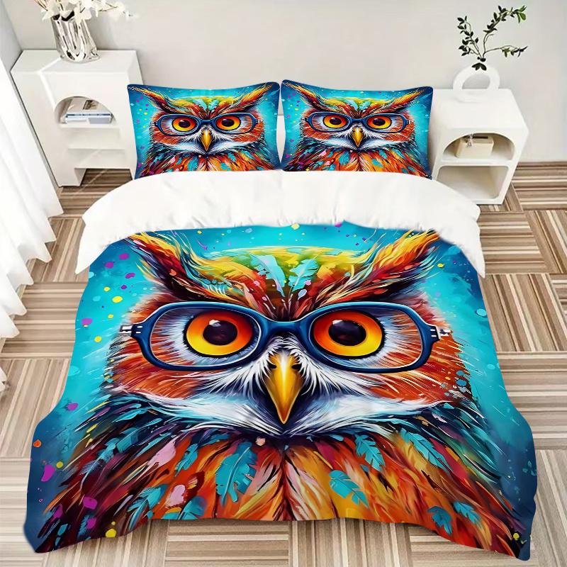 3pcs Colorful Owl Glasses Bedding Set, Includes One Quilt Cover and Two Pillowcases (No Core), Perfect for Home Decor, Festive Gifts