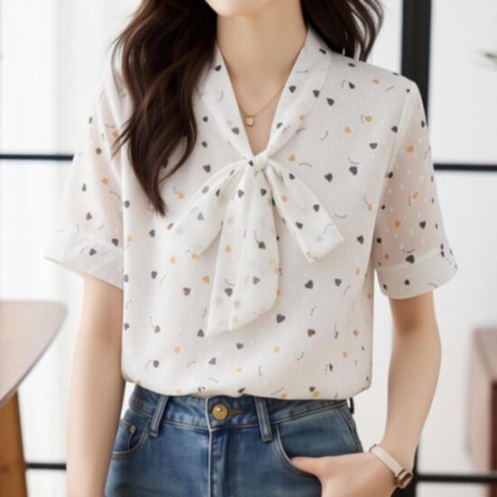 Navava Women Lovely Stylish Heart Pattern Ribbon Neck Short Sleeve Blouse Nb3186