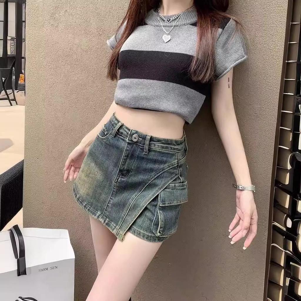 Dam Högmidjad Retro Denim A-linjekjol - Oregelbunden Slim Fit, Trendig Sommarstil