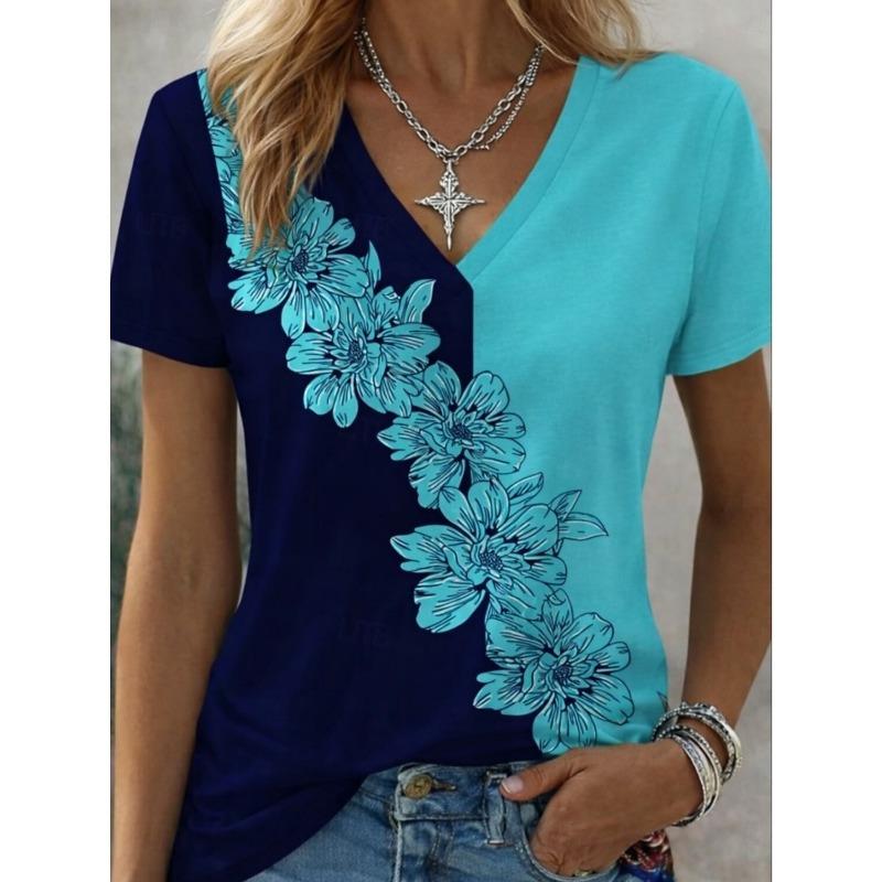 

Women s Vintage Gradient Plant Print T-Shirt, V-Neck Short Sleeve, Green Blue White, Spring Summer XL