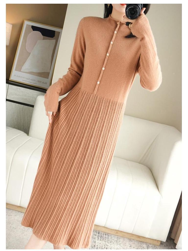 Robe Pull en Laine Coréenne pour Femme Automne/Hiver 2022, Couleur Unie, Col Semi-Montant, Longueur au-Dessus du Genou