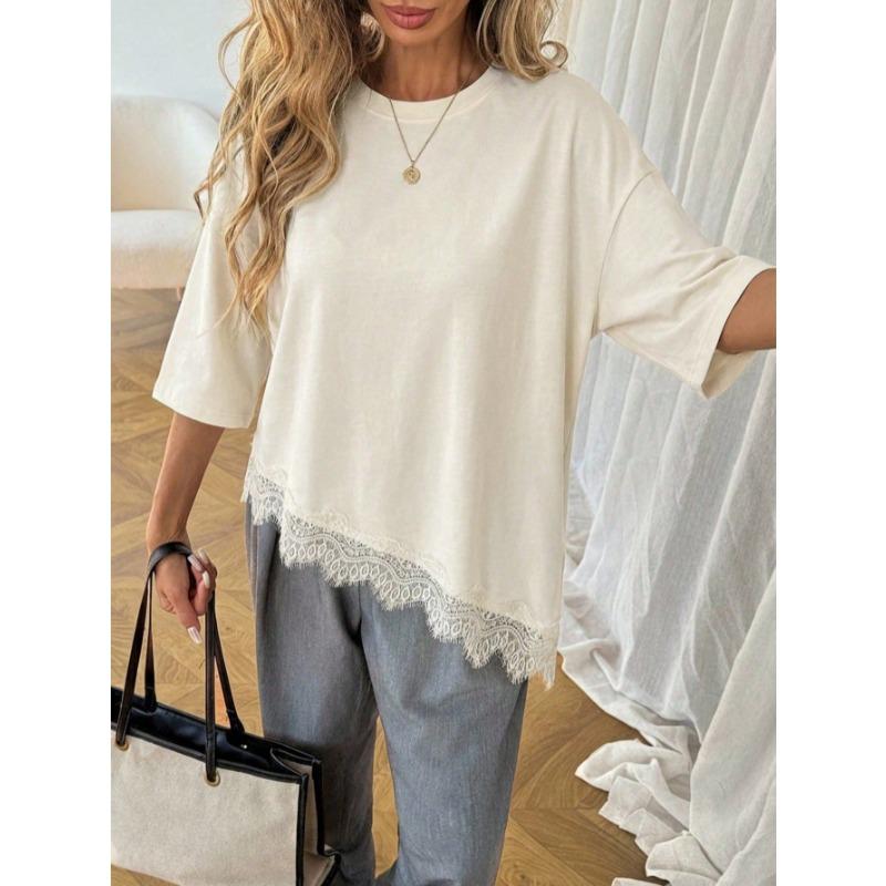 New Slanted Bottom Lace Splicing Short Sleeve T-shirt Sweet Irregular Top for Women Solid O Neck Loose Elegant Fashion Casual Office Blouse Basic Tees