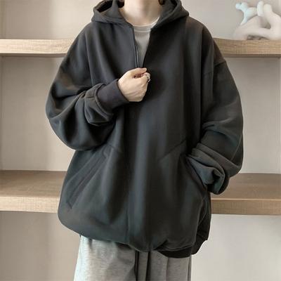 Fall Spring Men Hoodie Half Zipper Hooded Pockets Long Sleeves Loose Elastic Cuff