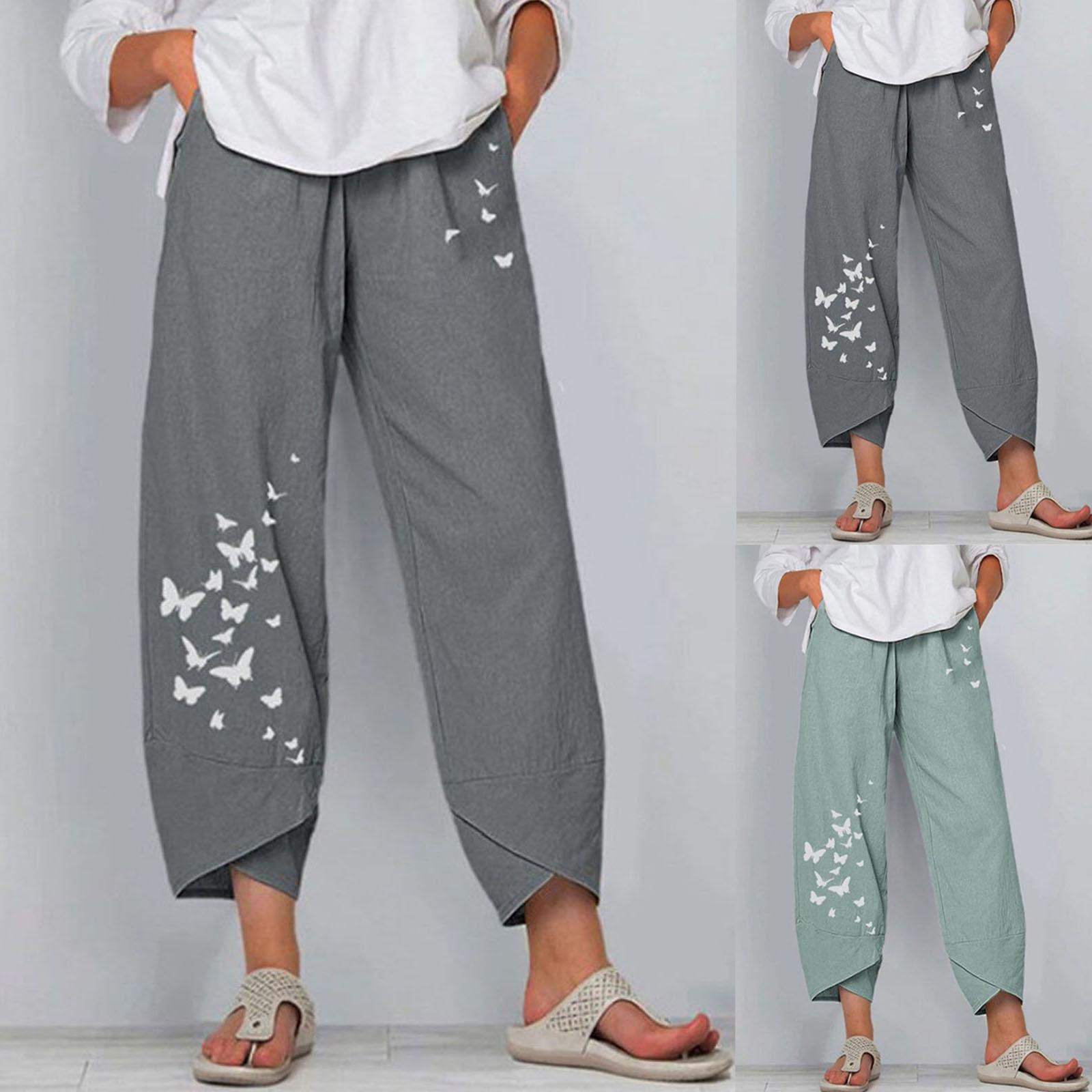 

Women s casual fashion loose cotton and linen butterfly print wide-leg pants