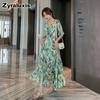 Summer New Dress Green Floral Long Skirt High Waist Slimming V-Neck Five-Fifth Sleeve Ruched Bodycon Dress