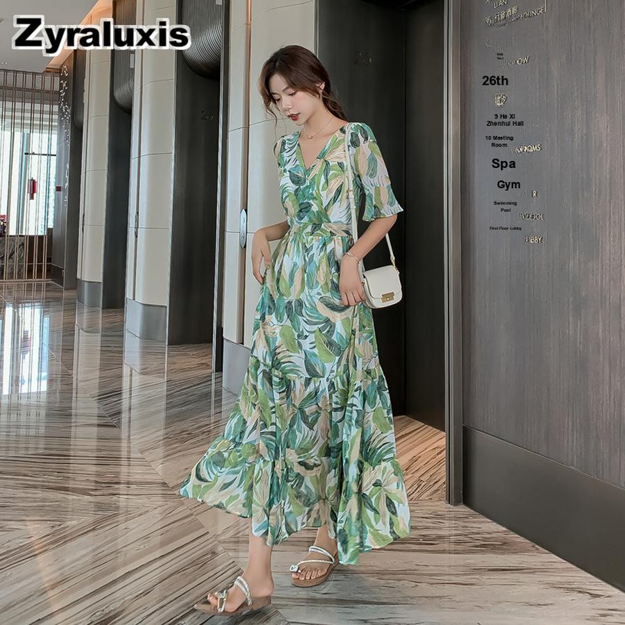 Summer New Dress Green Floral Long Skirt High Waist Slimming V-Neck Five-Fifth Sleeve Ruched Bodycon Dress