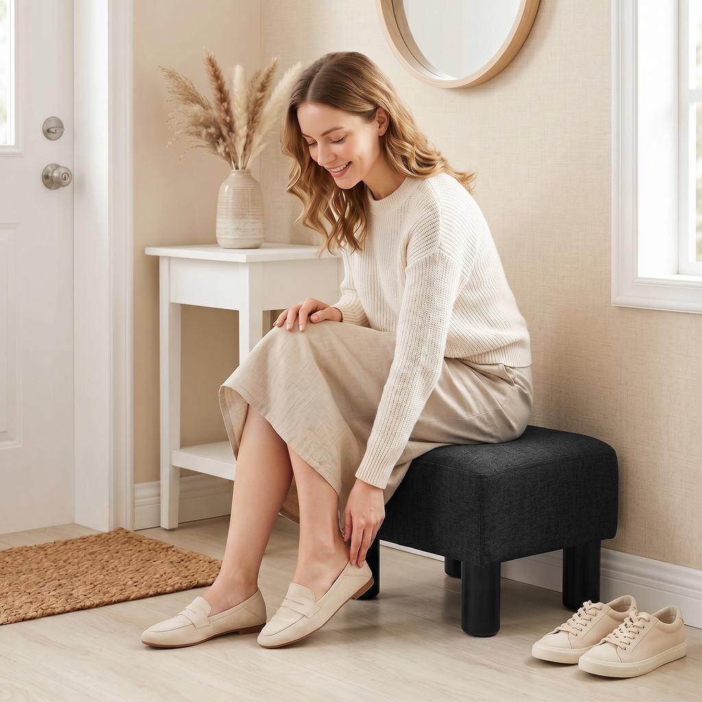 Linen Fabric Footstool Ottoman Cube With 4 Plastic Legs Black