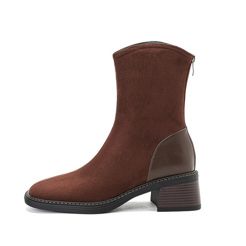 New Autumn and Winter Suede Medium Boots Large Size Women's Boots Thick-soled Non-slip Rear Zipper Leather Boots Korean Version Medium Heel Mart