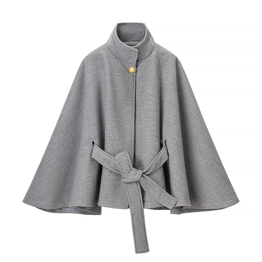 Women Wool Blend Cape Jacket With Metal Buckle Belt