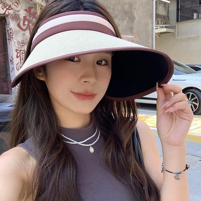 Color-blocked Striped Empty Roof Sun Protection Hat Summer New Style Papyrus Large Brim Sun Hat for Women Fashion Versatile Beach Hat