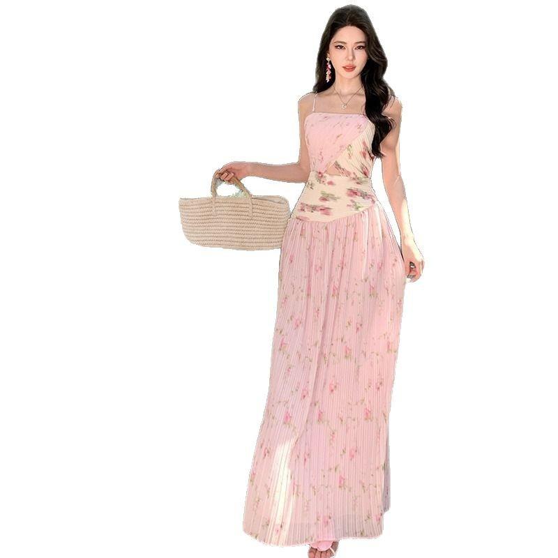 Coffee Break French Gentle Temperament Pink Floral Tube Top Dress Beautiful Unique Waist Beautiful Summer Skirt