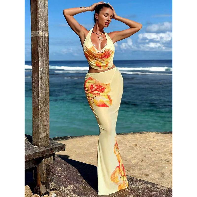 New Flower Print Bikini Set Women's High Waist Long Skirt 3 Piece Swimsuit Sexy Mini Triangle Backless Thong Bathing Suit