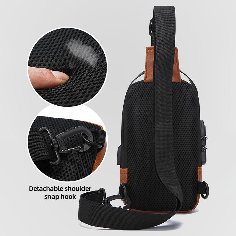 Men's Chest Bag Anti-theft USB Business Messenger Bag Multifunctional Water Repellent Shoulder Bag PU Commuter Backpack Men