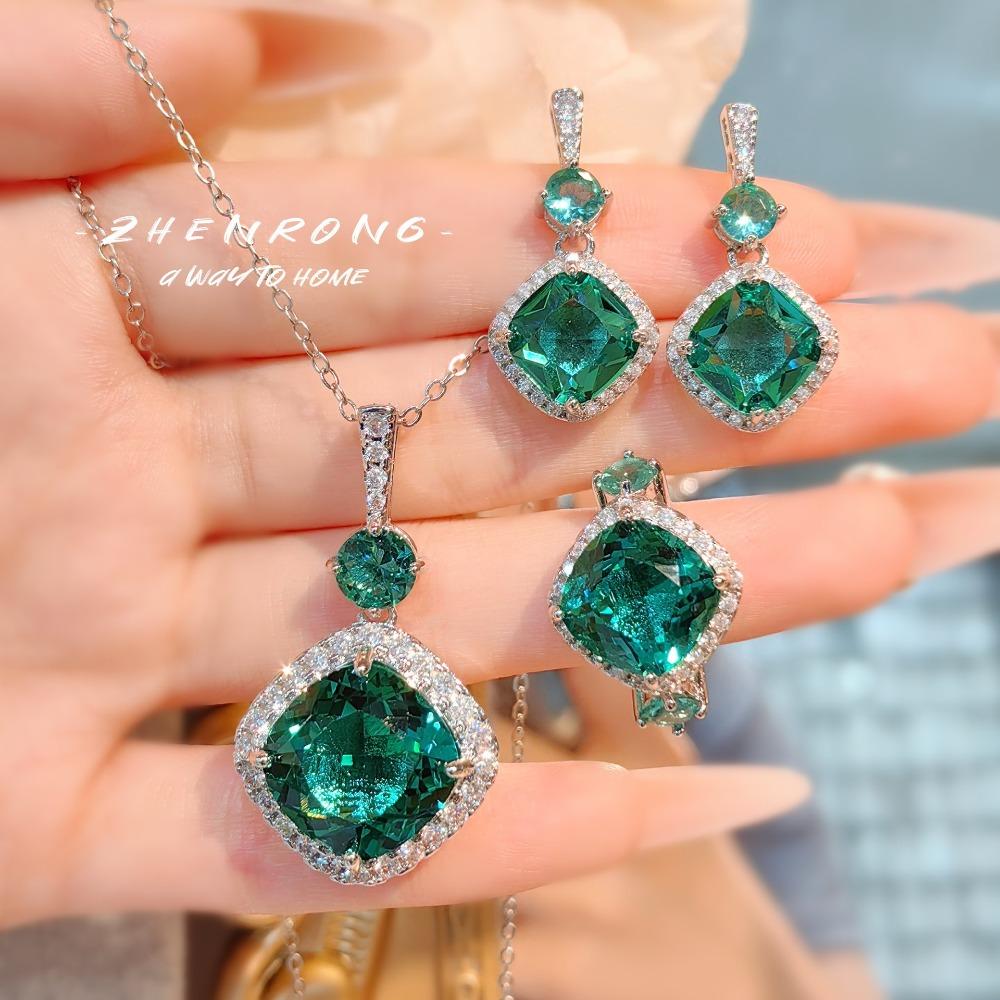 Royal Blue Sapphire Pendant Necklace Earrings Set with Paraiba Ring Green Diamond Jewelry for Women